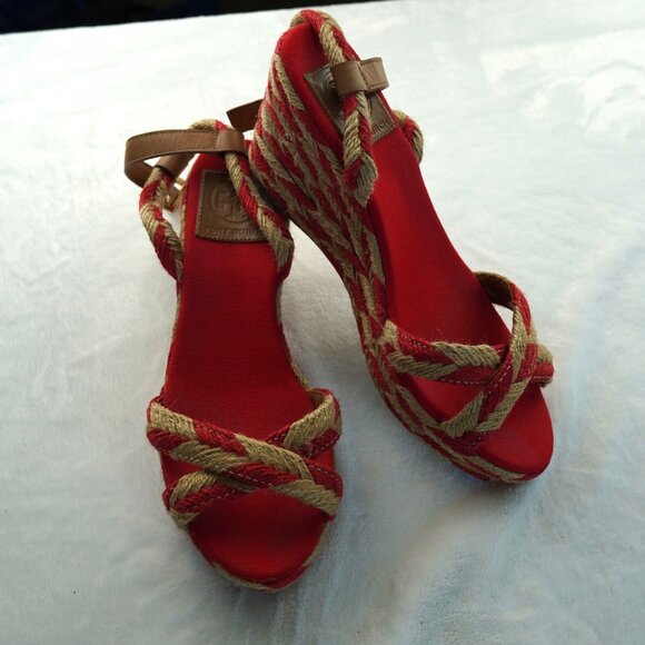 Tory Burch Red Camelia Jute Espadrille‎ Wedge Sandals Size 9.5 - Picture 1 of 8